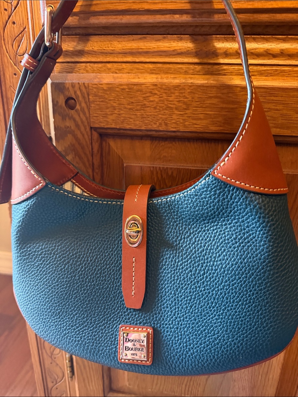 Dooney & Bourke Teal Pebble Leather Hobo with Brown Trim